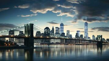 Panoramic view of Manhattan Skyline and Brooklyn Bridge in New York City photo