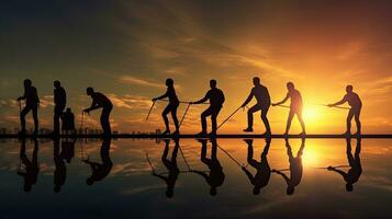 Silhouette employees succeed together against sunset backdrop photo