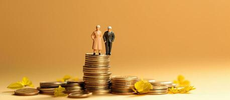 Retire planning illustrated by couple on coin stack photo