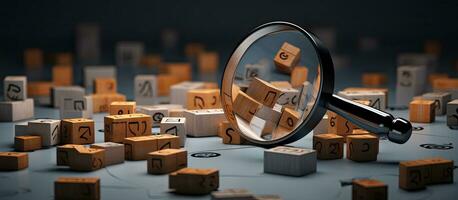 Identifying and understanding issues through root cause analysis using a magnifying glass on wooden cubes with question marks on a grey background photo
