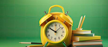 Back to school theme featuring green background with 3D rendering of a yellow backpack including an alarm clock and school supplies photo