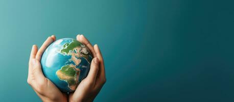 Hands holding earth globe on blue background symbolizing international solidarity and a safe world with copy space Elements provided by NASA photo