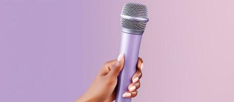 un lila antecedentes con un mujer s mano participación un micrófono foto