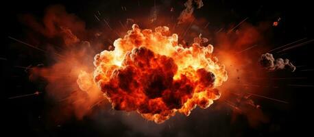 Realistic explosion of a bomb with fire sparks and smoke on a black background photo