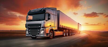 Truck carrying cargo with sunset background copy space photo