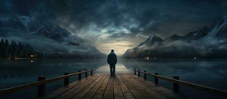 Man standing on dock at night in 2022 gazing at cloudy numbers in dark sky over mountains photo