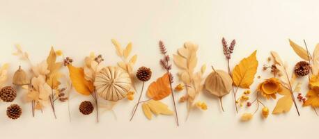 Autumn themed banner with dried leaves and flowers on a beige background Flat lay top view copy space photo