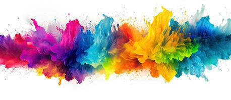 Isolated white background with colorful Holi paint powder explosion frame border and copy space photo