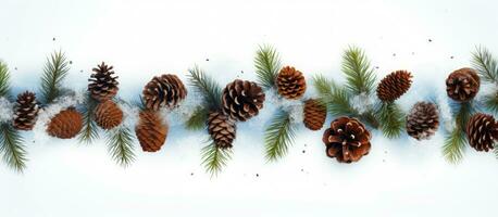 Snow covered fir tree branches with pine cones on white backdrop photo