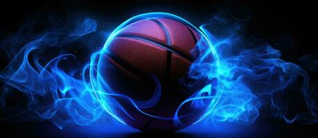 Black basketball with glowing neon lines on black background and smoke photo