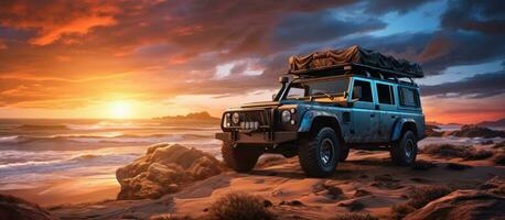 Sunrise beach adventure with 4WD vehicle in the outback photo