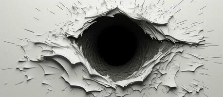 Ragged edged white paper with a black hole photo