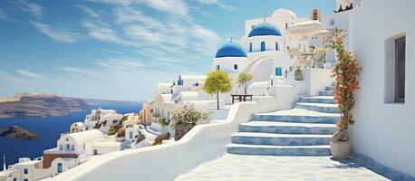 escalera líder a terraza en oia santorini foto