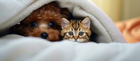 Toy Poodle puppy cuddles tabby kitten under blanket on bed Top view Space for text photo