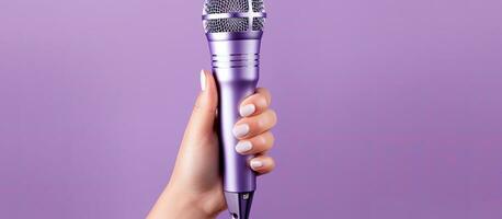 A lilac background with a woman s hand holding a microphone photo