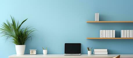 Blue wall in home office for mockup or copy space photo