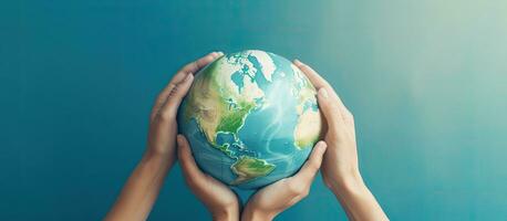manos participación tierra globo en azul antecedentes simbolizando internacional solidaridad y un seguro mundo con Copiar espacio elementos previsto por nasa foto