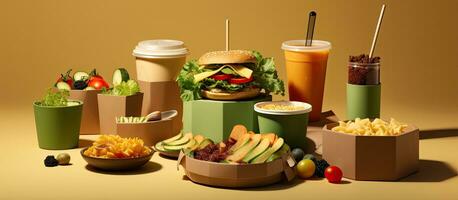 Eco friendly paper containers for nutritious fast food and beverages photo