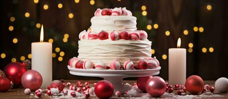 Christmas themed cake with decorations and confetti on a rustic wooden table photo