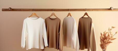 Empty space with minimal background featuring a collection of feminine beige sweaters perfect for autumn and winter fashion photo