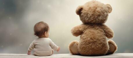 Baby and teddy bear seen from behind with empty space for design photo