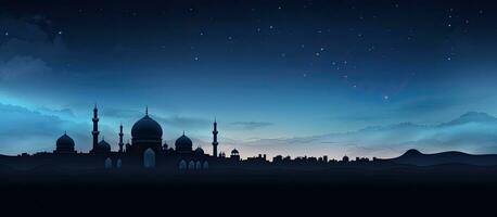 Islamic religious symbol silhouette of mosques dome and crescent moon against twilight sky with text space for Ramadan Eid al Adha Eid al Fitr and Mubarak photo