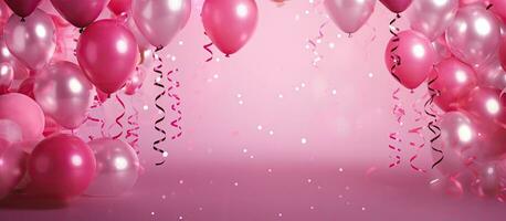 Birthday background with pink balloons confetti and streamers photo