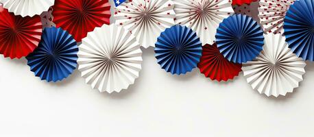 Top view of paper fans star confetti and blank space for text in a 4th of July party setup photo