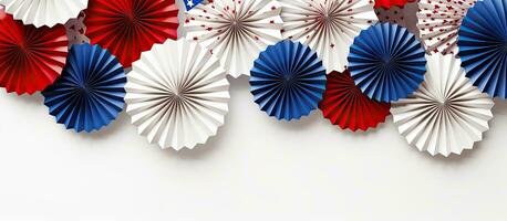 Top view of paper fans star confetti and blank space for text in a 4th of July party setup photo