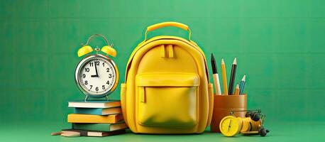 Back to school theme featuring green background with 3D rendering of a yellow backpack including an alarm clock and school supplies photo