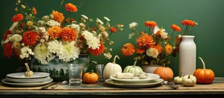 Fall themed table decor featuring pumpkins flowers and a green wall nearby photo