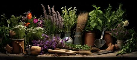herramientas y plantas para jardinería foto