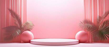 Pink gradient studio background with window shadows and foliage Empty 3D room for product presentation Copy space available photo