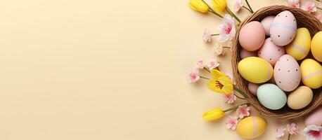 Easter themed photo with eggs baskets bunnies and tulips on pastel background