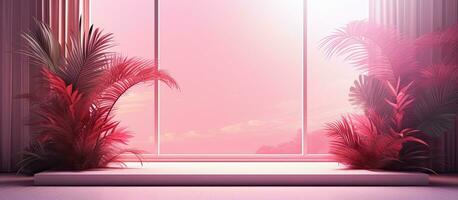 Pink gradient studio background with window shadows and foliage Empty 3D room for product presentation Copy space available photo