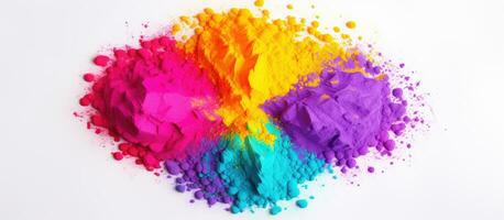 Indian festival of Holi Colorful powder on white background viewed from above photo