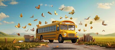 3D Illustration School themed bus arriving with accessories and books photo