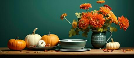 Fall themed table decor featuring pumpkins flowers and a green wall nearby photo