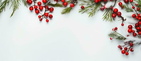 Christmas flatlay with spruce branches red berries and white background Space for text photo