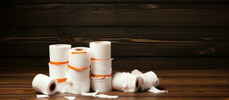 Failure or bankruptcy in the business sector depicted by piggy bank with bandages on wooden desk against dark wall background photo