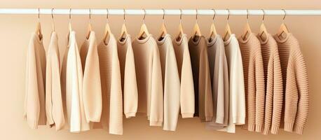 Empty space with minimal background featuring a collection of feminine beige sweaters perfect for autumn and winter fashion photo