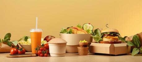 Eco friendly paper containers for nutritious fast food and beverages photo