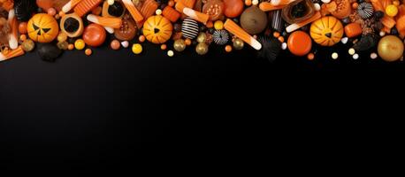 Scattered candy and decorations on Halloween themed border seen from above over orange banner photo