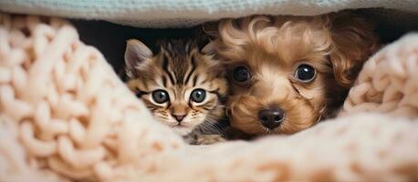 Toy Poodle puppy cuddles tabby kitten under blanket on bed Top view Space for text photo