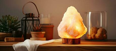 Salt lamp on table by wall photo