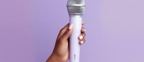 A lilac background with a woman s hand holding a microphone photo