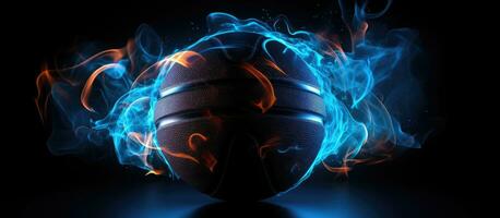 Black basketball with glowing neon lines on black background and smoke photo