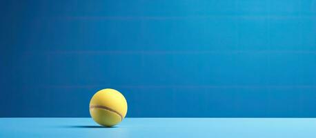 Table tennis ball is bouncing on blue photo