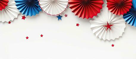Top view of paper fans star confetti and blank space for text in a 4th of July party setup photo