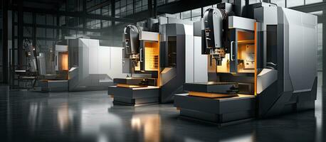 Mills with 5 axis CNC machines for design using a swivel head table and metalworking industrial surface photo